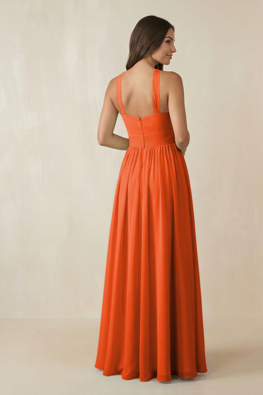 Halter Neck Ruched A-Line Chiffon Bridesmaid Dress in Cinnamon
