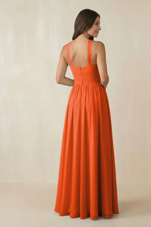 Cinnamon Halter Neck Ruched A-Line Chiffon Bridesmaid Dress (2) | KISSBRIDAL