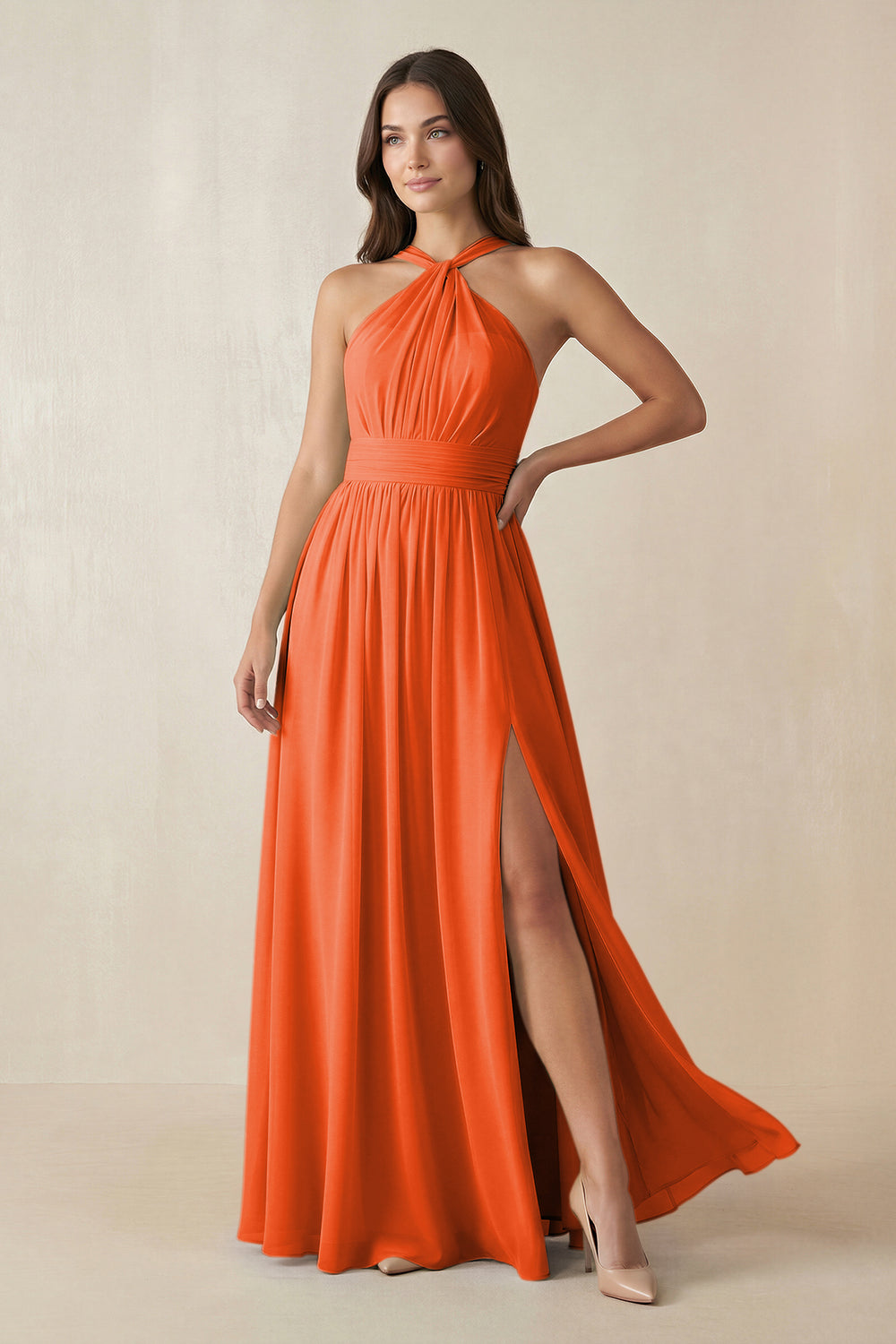 Halter Neck Ruched A-Line Chiffon Bridesmaid Dress in Cinnamon