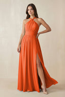 Cinnamon Halter Neck Ruched A-Line Chiffon Bridesmaid Dress | KISSBRIDAL
