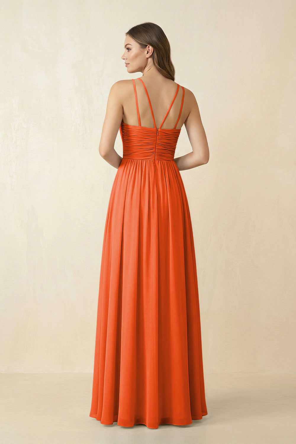 Halter Pleated A-Line Chiffon Bridesmaid Dress in Cinnamon