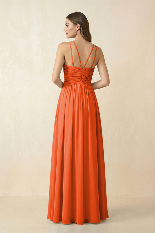 Cinnamon Halter Pleated A-Line Chiffon Bridesmaid Dress (2) | KISSBRIDAL