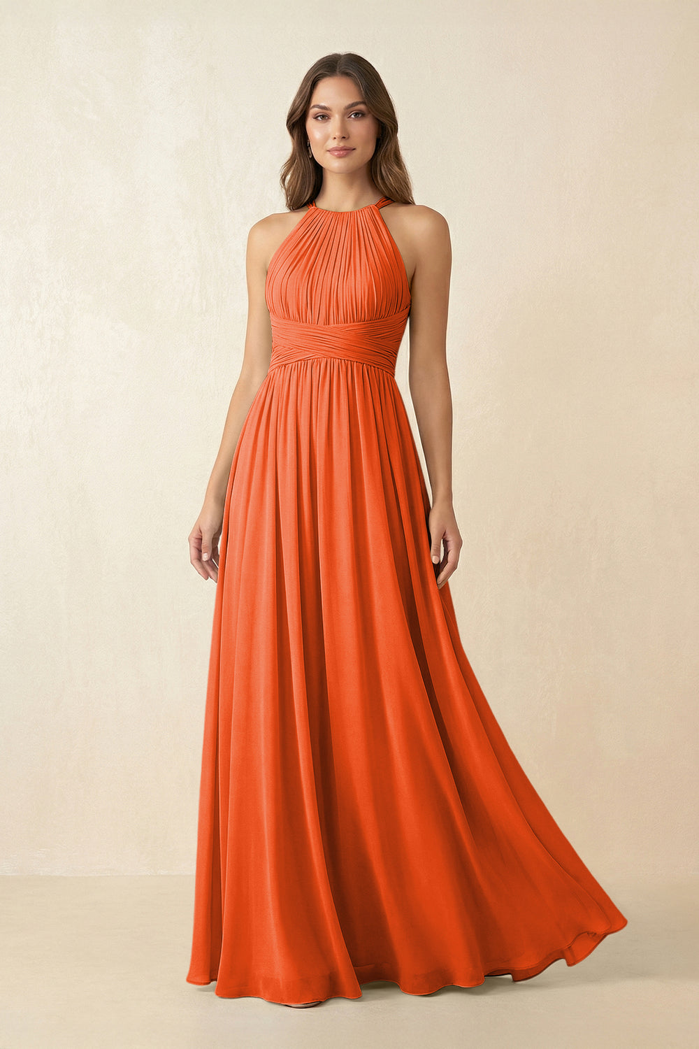 Halter Pleated A-Line Chiffon Bridesmaid Dress in Cinnamon