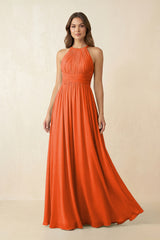 Cinnamon Halter Pleated A-Line Chiffon Bridesmaid Dress | KISSBRIDAL