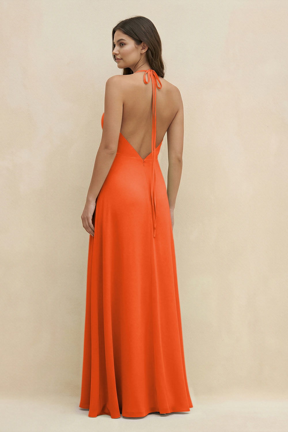 Halter Sheath Long Chiffon Bridesmaid Dress in Cinnamon