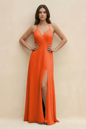 Cinnamon Halter Sheath Long Chiffon Bridesmaid Dress | KISSBRIDAL