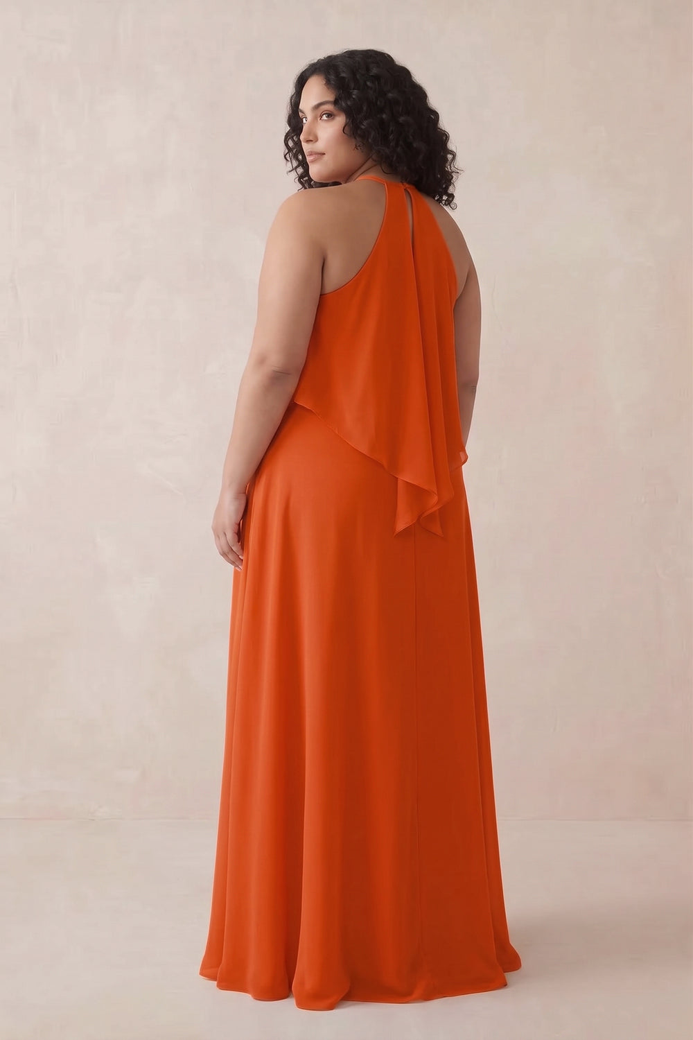 Halter Sheath Ruffled Chiffon Bridesmaid Dress in Cinnamon