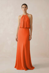 Cinnamon Halter Sheath Ruffled Chiffon Bridesmaid Dress | KISSBRIDAL