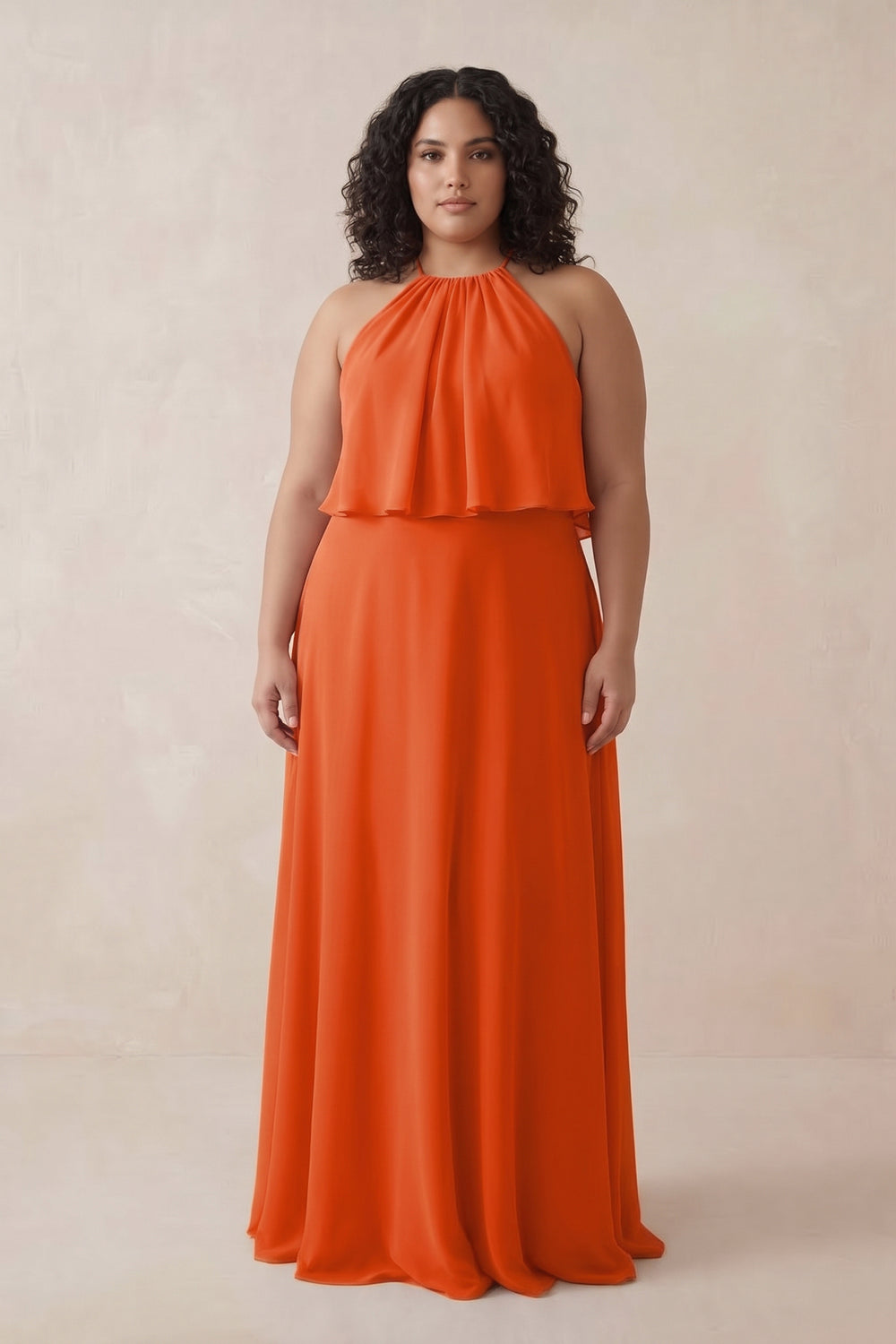 Halter Sheath Ruffled Chiffon Bridesmaid Dress in Cinnamon