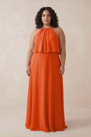 Cinnamon Halter Sheath Ruffled Chiffon Bridesmaid Dress [sizeplus] | KISSBRIDAL