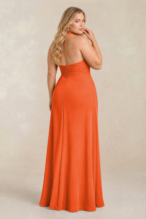Cinnamon High Neck Chiffon Sheath Ruched Bridesmaid Dress (2) [sizeplus] | KISSBRIDAL