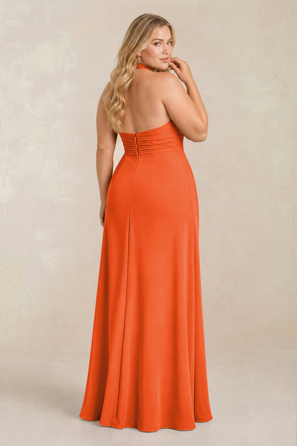 Cinnamon High Neck Chiffon Sheath Ruched Bridesmaid Dress (2) [sizeplus] | KISSBRIDAL