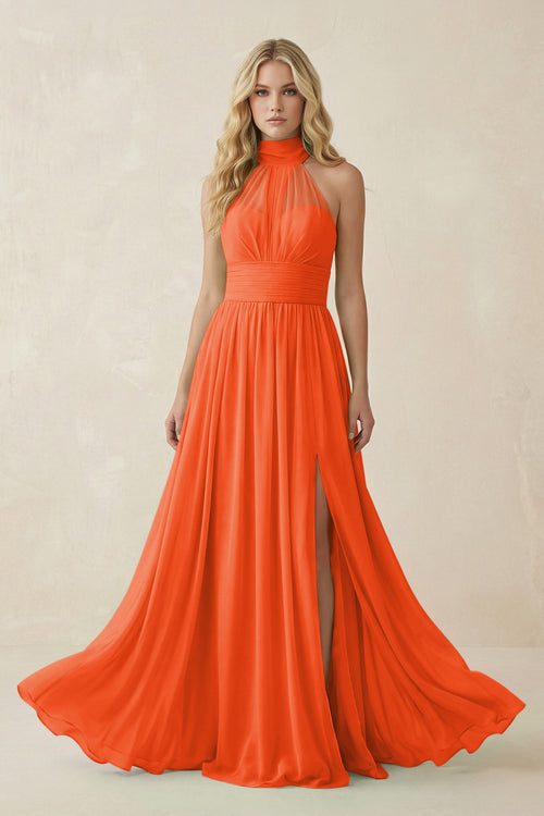 Cinnamon Illusion Halter A-Line Chiffon Bridesmaid Gown | KISSBRIDAL