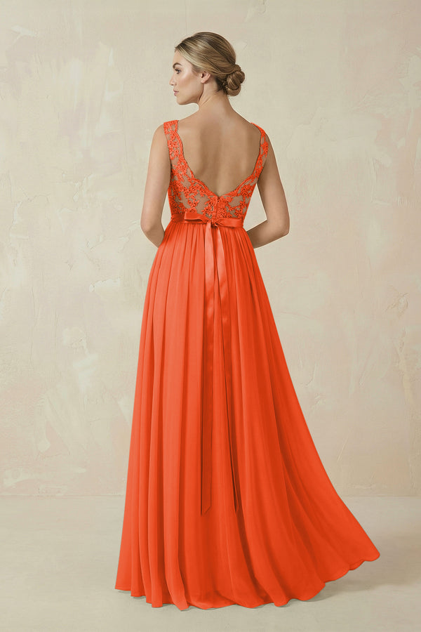 Cinnamon Lace A-Line Bateau Neck Chiffon Long Bridesmaid Dress (2) | KISSBRIDAL