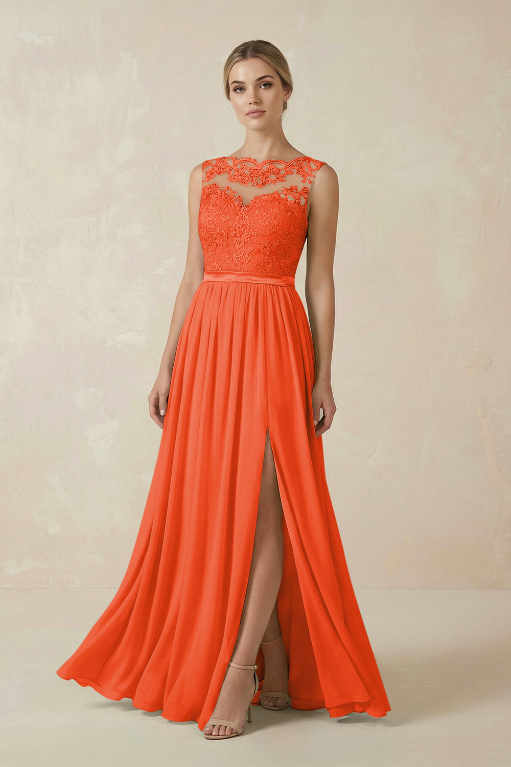 Lace A-Line Bateau Neck Chiffon Long Bridesmaid Dress in Cinnamon
