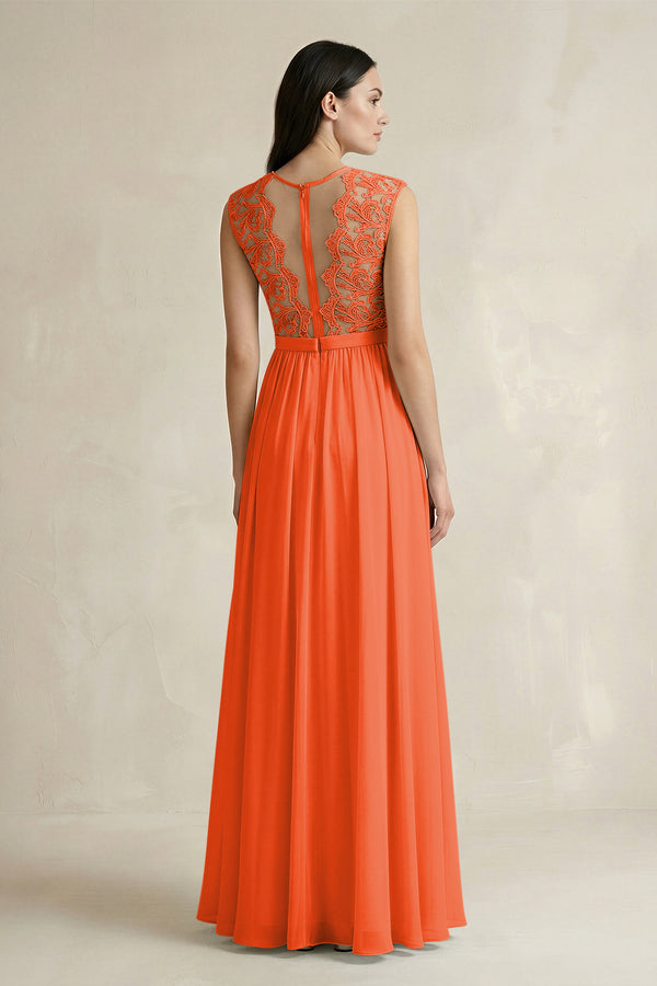 Cinnamon Lace Chiffon A-Line Round Neck Bridesmaid Dress (2) | KISSBRIDAL