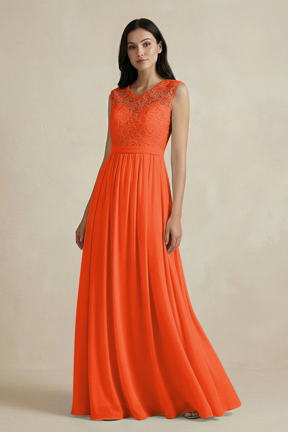 Lace Chiffon A-Line Round Neck Bridesmaid Dress in Cinnamon