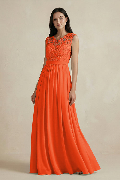 Cinnamon Lace Chiffon A-Line Round Neck Bridesmaid Dress | KISSBRIDAL