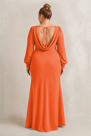 Cinnamon Long Sleeve V-Neck Sheath Chiffon Bridesmaid Dress (2) [sizeplus] | KISSBRIDAL