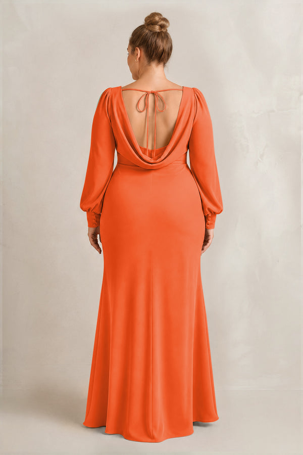 Cinnamon Long Sleeve V-Neck Sheath Chiffon Bridesmaid Dress (2) [sizeplus] | KISSBRIDAL