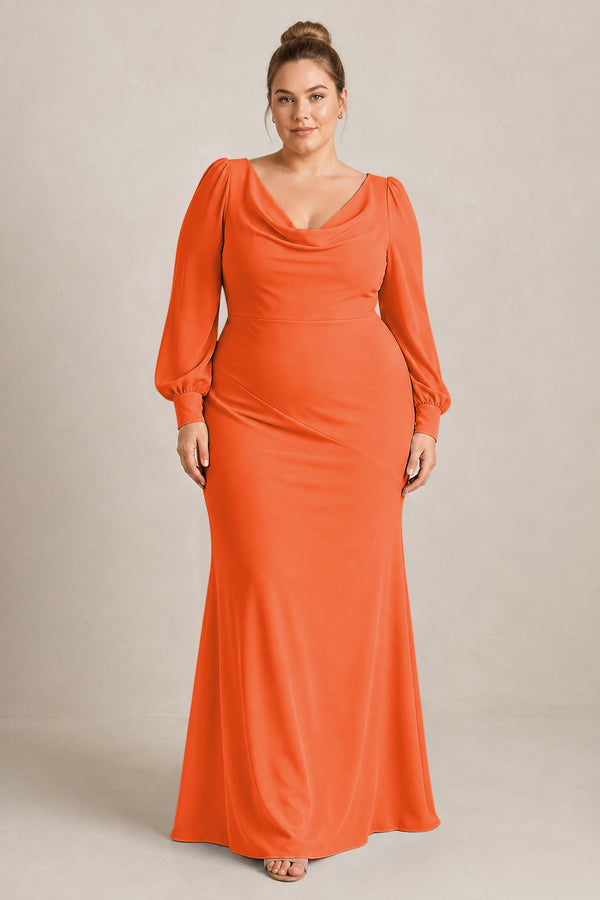Cinnamon Long Sleeve V-Neck Sheath Chiffon Bridesmaid Dress [sizeplus] | KISSBRIDAL