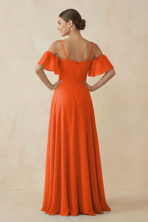Cinnamon Off-the-Shoulder A-Line Chiffon Bridesmaid Dress (2) | KISSBRIDAL