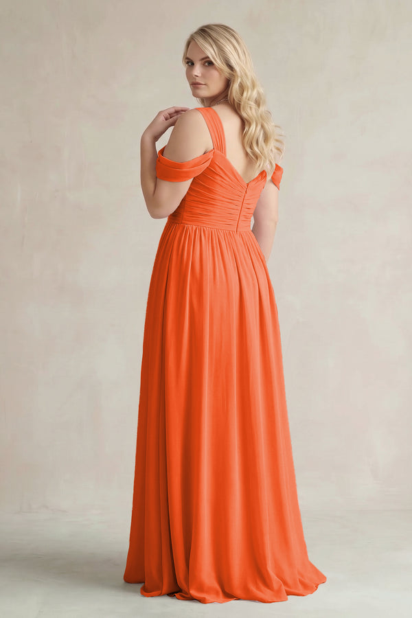 Cinnamon Off-the-Shoulder A-Line Chiffon Bridesmaid Dress With Slit (2) | KISSBRIDAL