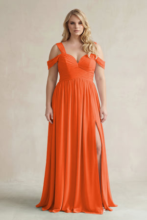 Cinnamon Off-the-Shoulder A-Line Chiffon Bridesmaid Dress With Slit | KISSBRIDAL