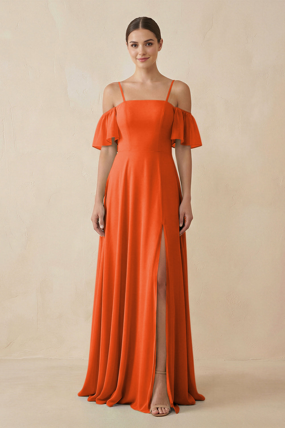 Off-the-Shoulder A-Line Chiffon Bridesmaid Dress in Cinnamon