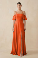 Cinnamon Off-the-Shoulder A-Line Chiffon Bridesmaid Dress | KISSBRIDAL