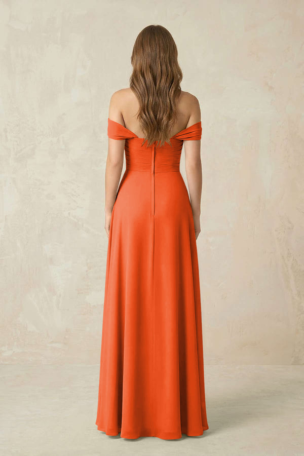Cinnamon Off-the-Shoulder A-Line Chiffon Pleated Bridesmaid Dress (2) | KISSBRIDAL