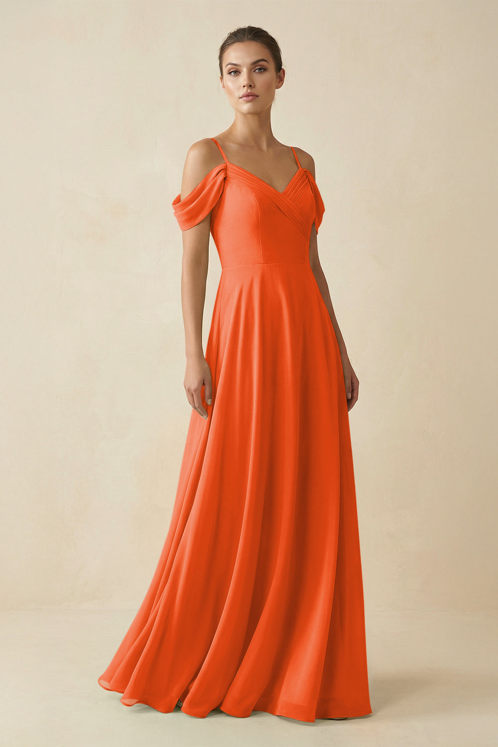 Off-the-Shoulder A-Line Pleated Chiffon Bridesmaid Gown in Cinnamon