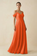 Cinnamon Off-the-Shoulder A-Line Pleated Chiffon Bridesmaid Gown | KISSBRIDAL