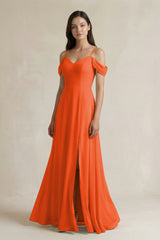 Cinnamon Off-the-Shoulder Chiffon A-Line Bridesmaid Dress | KISSBRIDAL