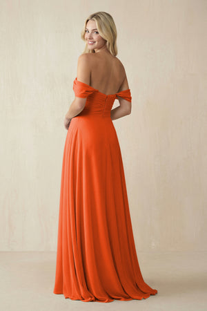 Cinnamon Off-the-Shoulder Chiffon A-Line Long Bridesmaid Dress (2) | KISSBRIDAL