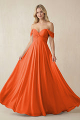 Cinnamon Off-the-Shoulder Chiffon A-Line Long Bridesmaid Dress | KISSBRIDAL