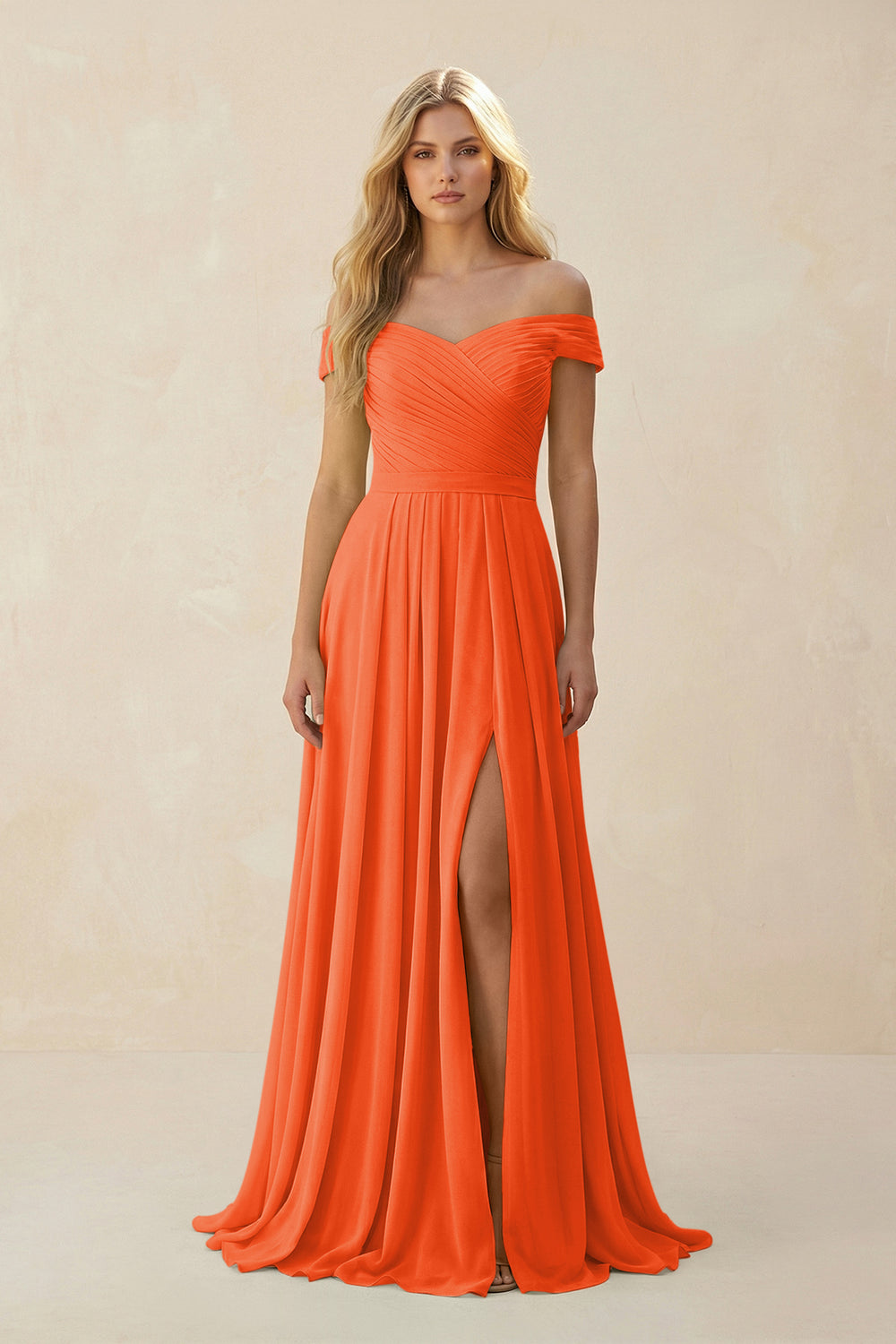 Off-the-Shoulder Pleated A-Line Chiffon Bridesmaid Dress in Cinnamon