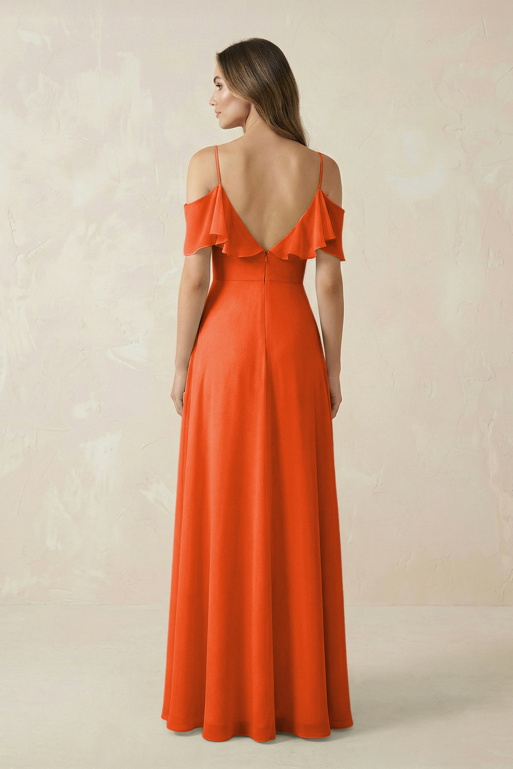 Off-the-Shoulder Ruffled A-Line Chiffon Bridesmaid Dress in Cinnamon