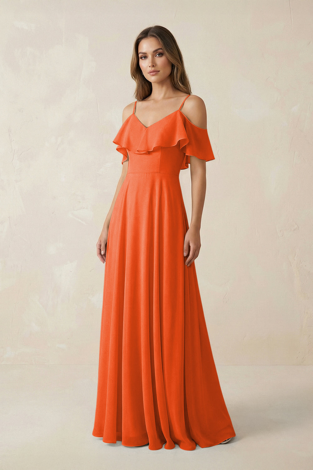 Off-the-Shoulder Ruffled A-Line Chiffon Bridesmaid Dress in Cinnamon
