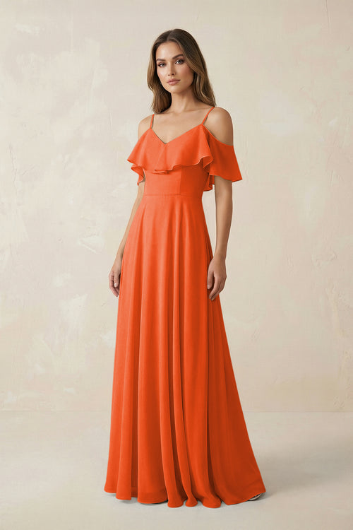 Cinnamon Off-the-Shoulder Ruffled A-Line Chiffon Bridesmaid Dress | KISSBRIDAL