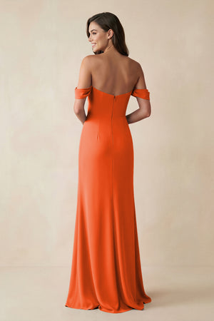 Cinnamon Off-the-Shoulder Sheath Bridesmaid Dress with Slit (2) | KISSBRIDAL