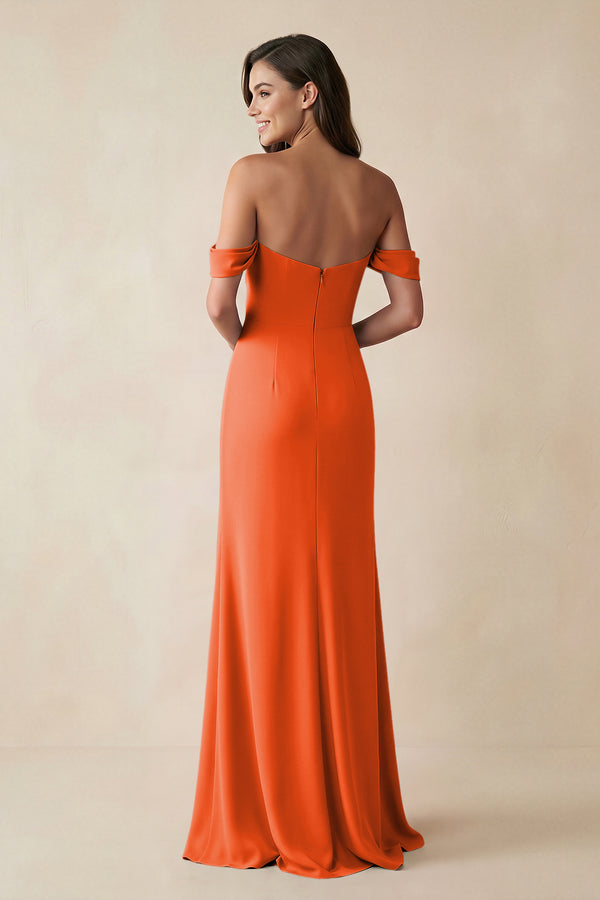 Cinnamon Off-the-Shoulder Sheath Bridesmaid Dress with Slit (2) | KISSBRIDAL