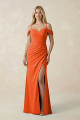 Cinnamon Off-the-Shoulder Sheath Chiffon Ruched Bridesmaid Dress | KISSBRIDAL