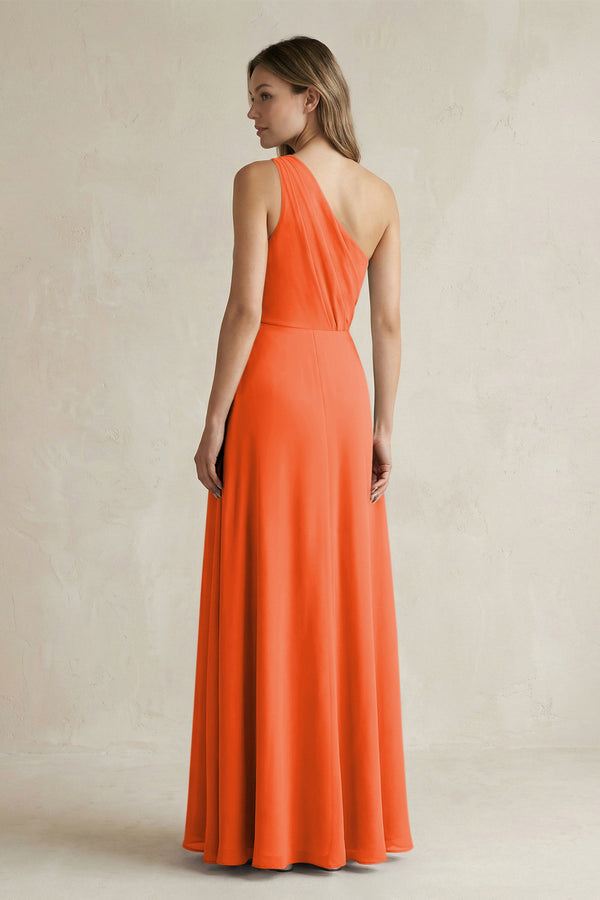 Cinnamon One-Shoulder Chiffon A-Line Bridesmaid Dress With Slit (2) | KISSBRIDAL