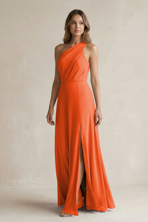 Cinnamon One-Shoulder Chiffon A-Line Bridesmaid Dress With Slit | KISSBRIDAL
