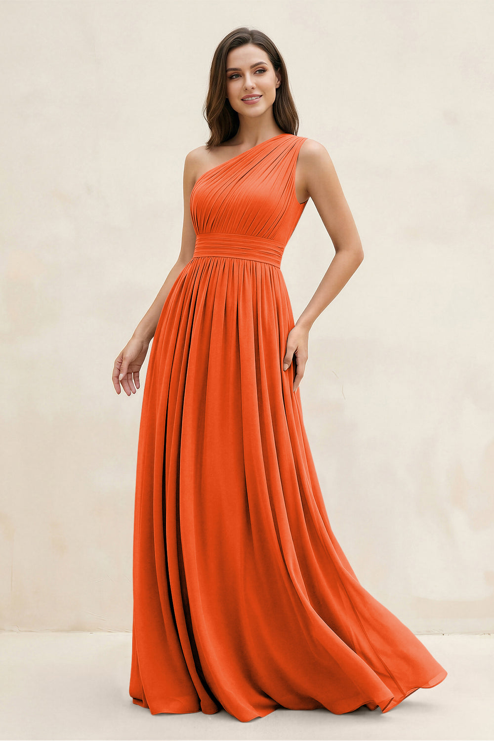 One-Shoulder Pleated A-Line Chiffon Bridesmaid Dress in Cinnamon