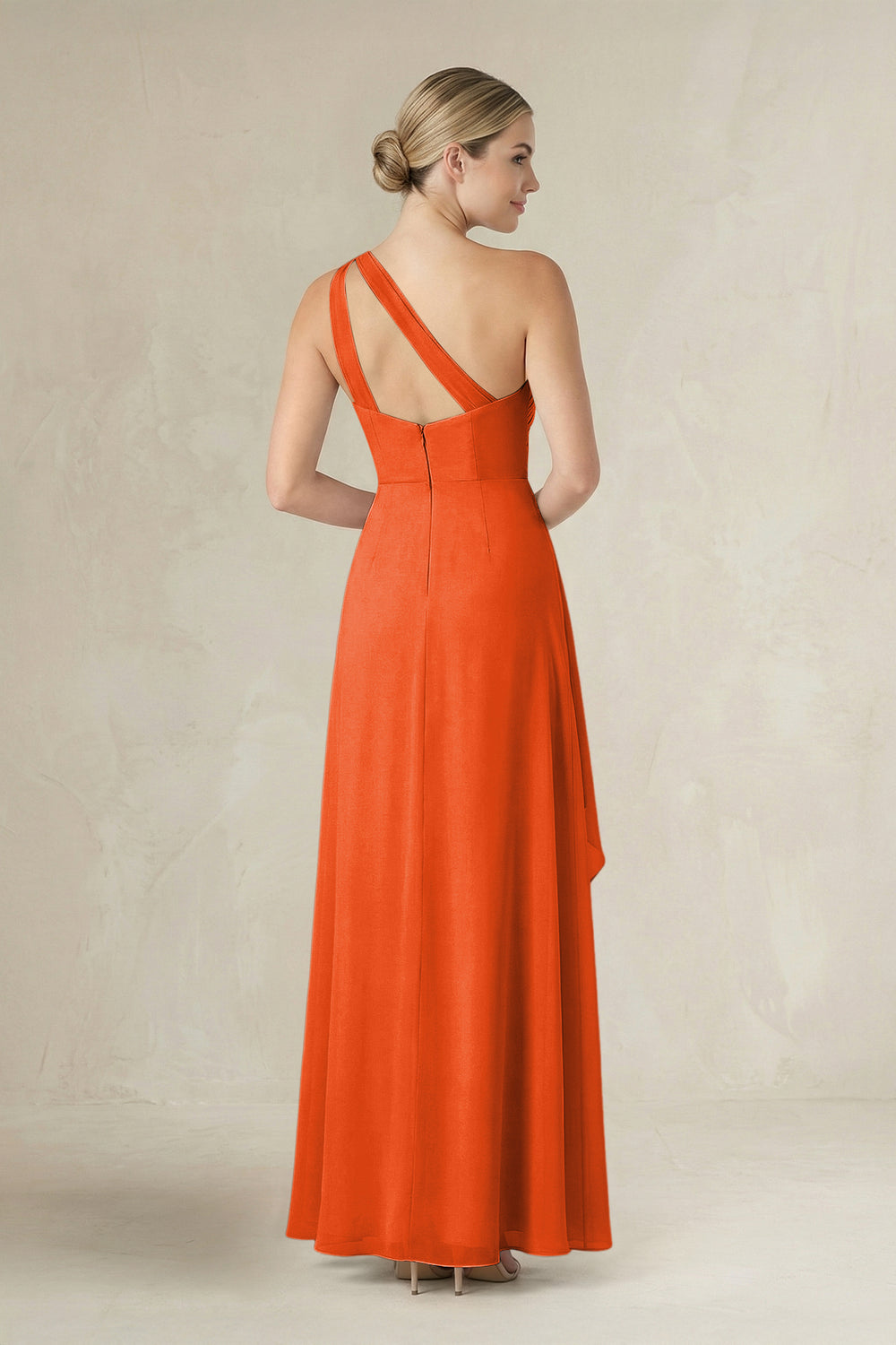 One-Shoulder Sheath Ruched Ruffled Bridesmaid Dress in Cinnamon