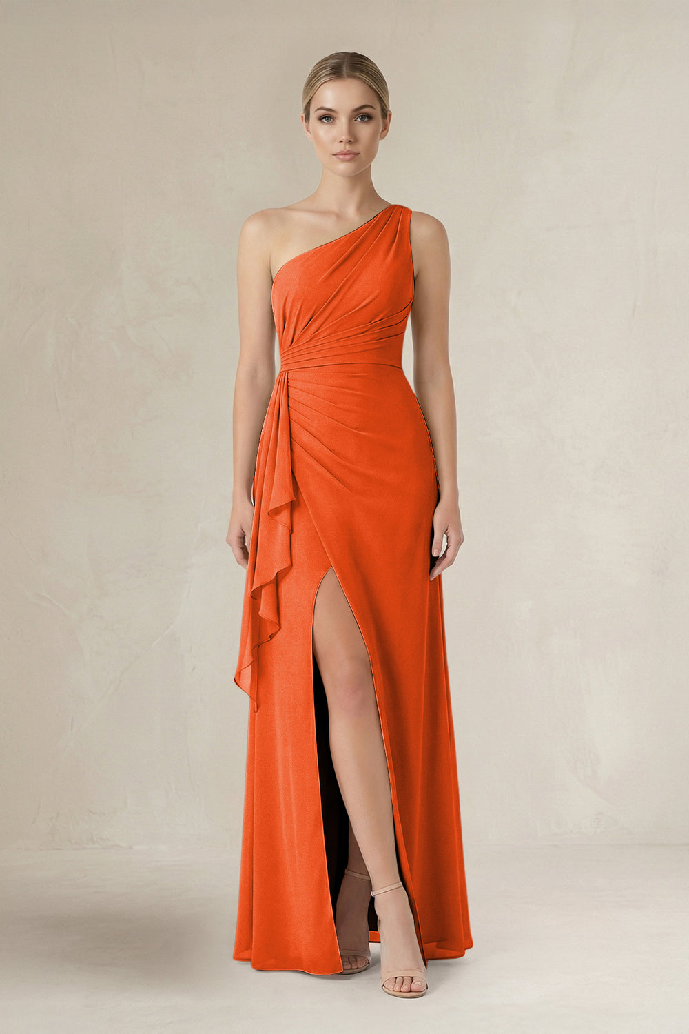 One-Shoulder Sheath Ruched Ruffled Bridesmaid Dress in Cinnamon