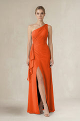 Cinnamon One-Shoulder Sheath Ruched Ruffled Bridesmaid Dress in Cinnamon | KISSBRIDAL