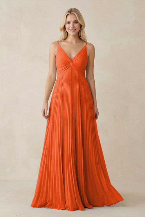Cinnamon Pleated V-Neck A-Line Chiffon Bridesmaid Dress | KISSBRIDAL